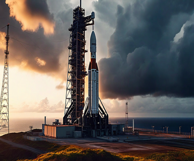 A rocket on launch pad at Tanegashima Space Center with dramatic storm clouds overhead, illustrating weather-related launch delays for the Michibiki-7 QZSS satellite mission