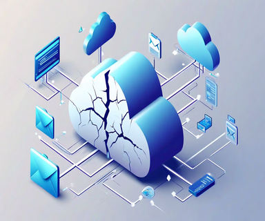 Illustration of a fractured cloud computing infrastructure with broken connection lines leading to disconnected email, document, and communication service icons, representing a Microsoft 365 service outage