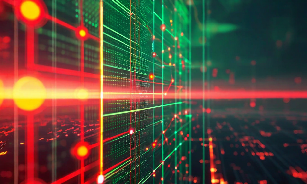 リスク評価マトリックスの可視化。縦軸に影響度、横軸に発生確率を配置した2軸グラフ上に、グリッド過負荷、再生可能エネルギー変動性、規制変更、技術的障害、地政学的リスクの5つのリスク要因が異なる色の円形ノードで表現されている。低リスク領域は緑色、高リスク領域は赤色のグラデーション背景で区分されている。