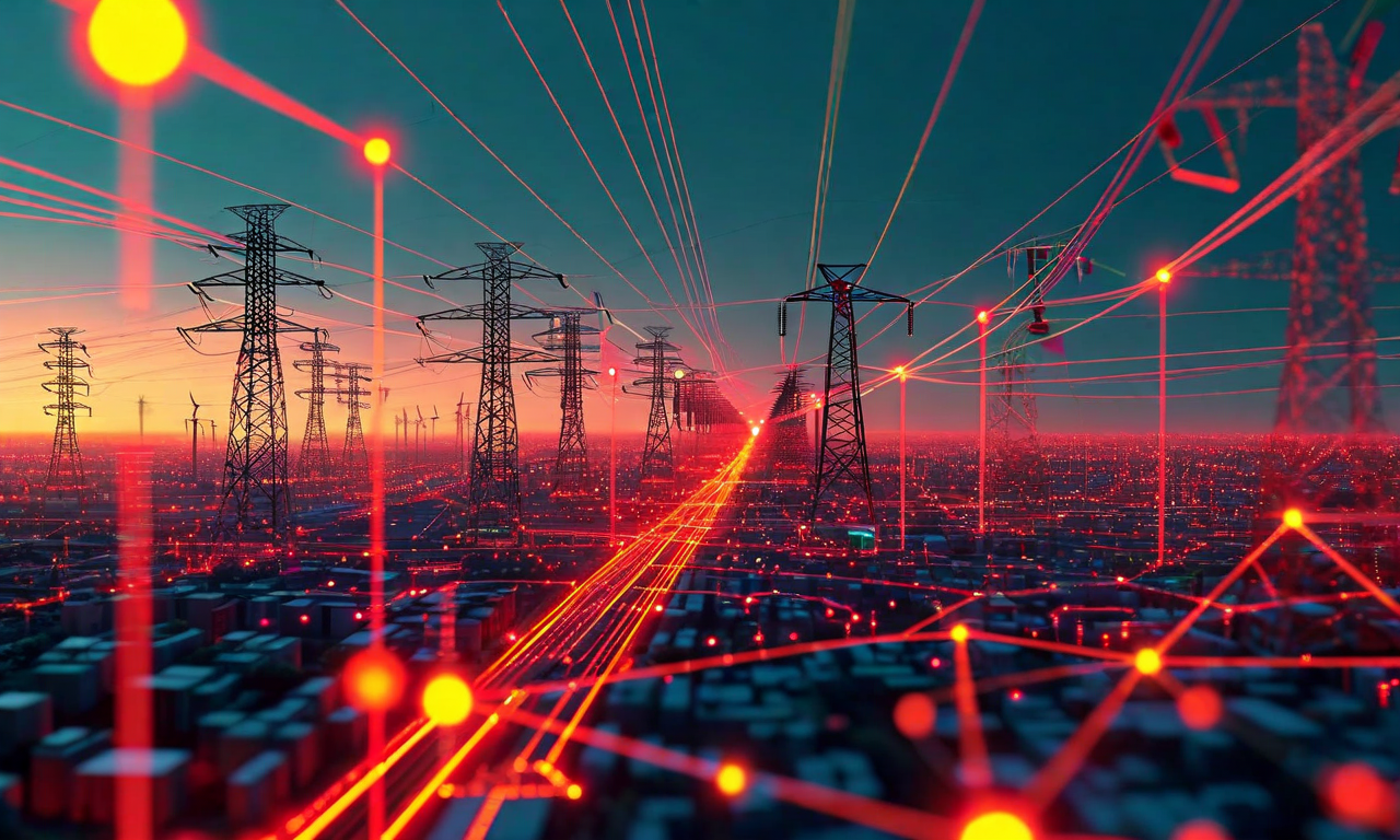 電力網の物理的制約を示す技術図。都市部の電力需要が集中した赤色のホットスポット、満杯状態の変圧器、混雑した送電線を表示。一方、地方の再生可能エネルギー源(風力発電と太陽光発電)は緑色で示され、都市部への接続容量が不足していることを視覚化。電力フロー強度を色グラデーションで表現し、赤は混雑、黄は中程度負荷、緑は利用可能容量を示す。