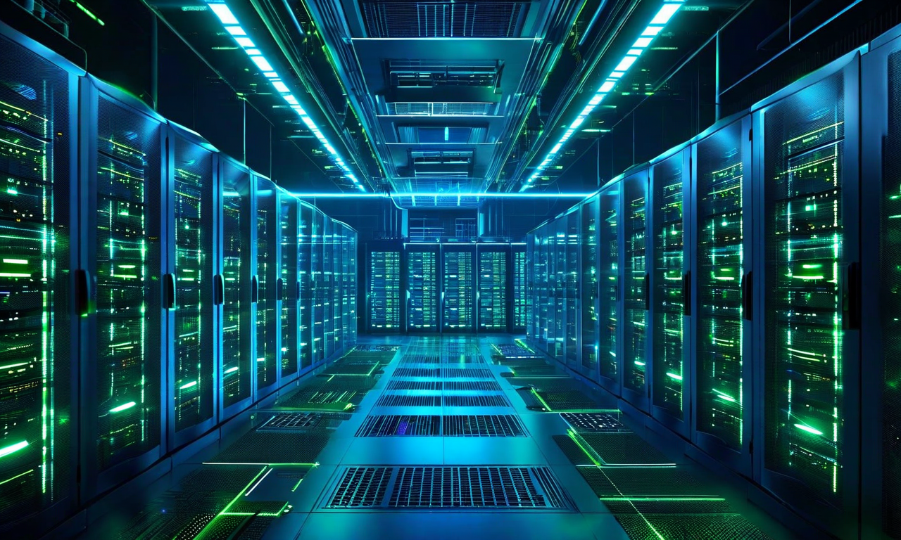 Microsoftのデータセンター拡張施設を象徴する画像。大規模なサーバー施設、風力発電タービン、水力発電システムが統合された未来的なインフラストラクチャ。スマートグリッド技術による発光するエネルギーフロー、デジタルネットワーク、相互接続されたシステムが表現されており、再生可能エネルギーと高度なコンピューティング施設の統合を視覚化している。