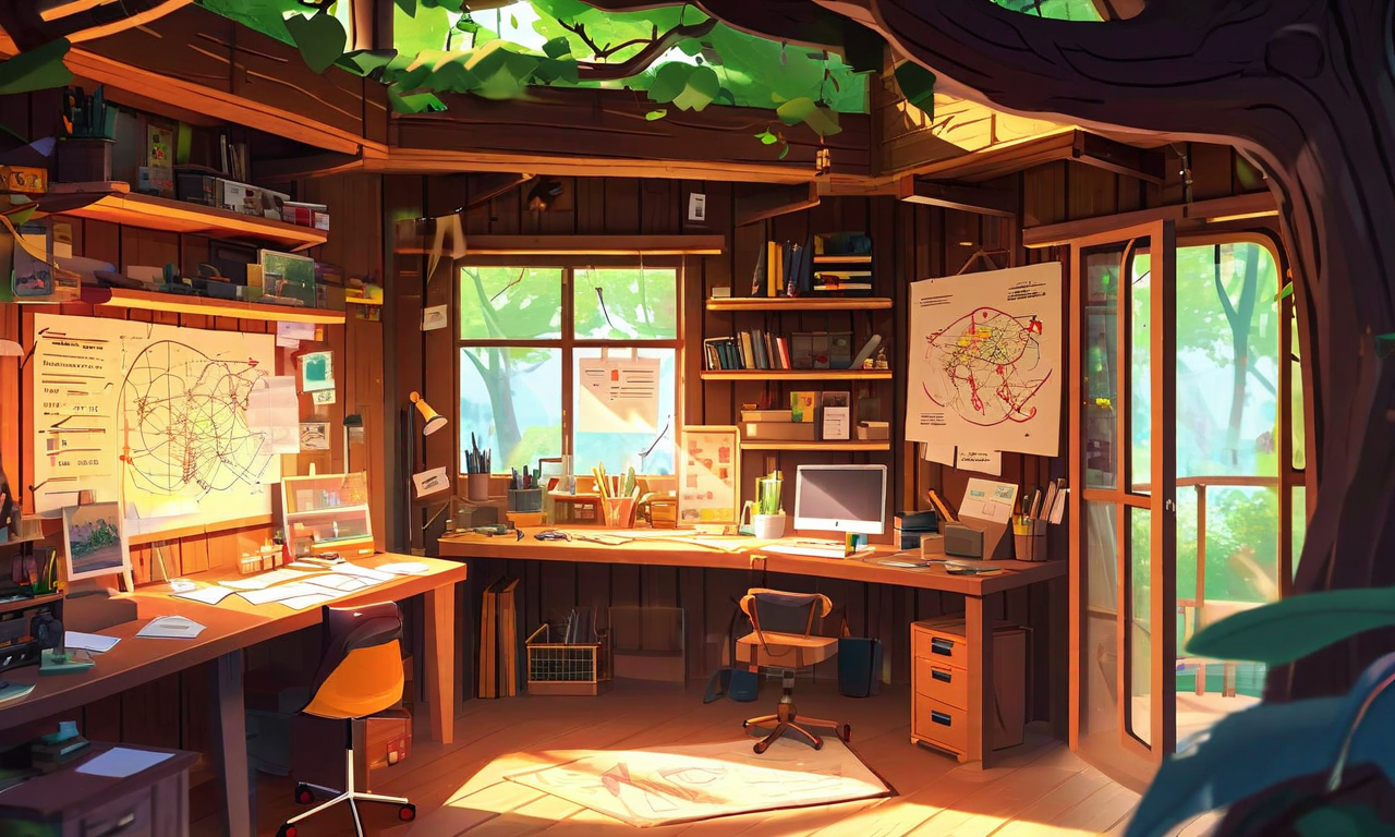 ツリーハウス構造の内部を示すイラスト。3つの異なる機能エリア（執筆室、アイデア室、ツール室）が物理的空間として配置されており、各エリアは開いたドアウェイと窓を通して見える。アニメーションキャラクターMcZeeが異なるエリアを指し示しながら案内している。温かみのある照明と木製の建築要素が、組織化された創造的な環境を演出している。