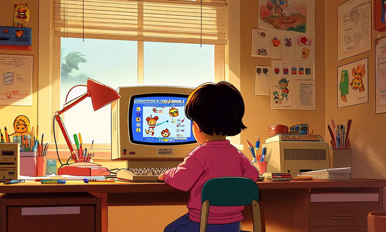 1990年代初期の家庭用コンピュータ環境を背景に、Microsoft Creative Writer（1993）のカラフルで親しみやすいインターフェースが表示されたデスクトップコンピュータ画面。子どもが創造的に学習する様子が描かれており、温かみのある照明と明るい色彩でエデュテインメント時代の楽観的なビジョンを表現している。