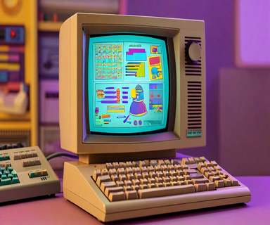 A 1990s-era computer setup displaying colorful children's creative software on a CRT monitor with a CD-ROM case, evoking the nostalgic aesthetic of early educational multimedia applications