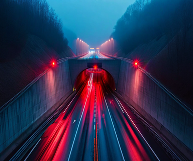 Dawn view of a modern expressway tunnel entrance with emergency lighting, illustrating the confined infrastructure environment of a multi-vehicle collision incident
