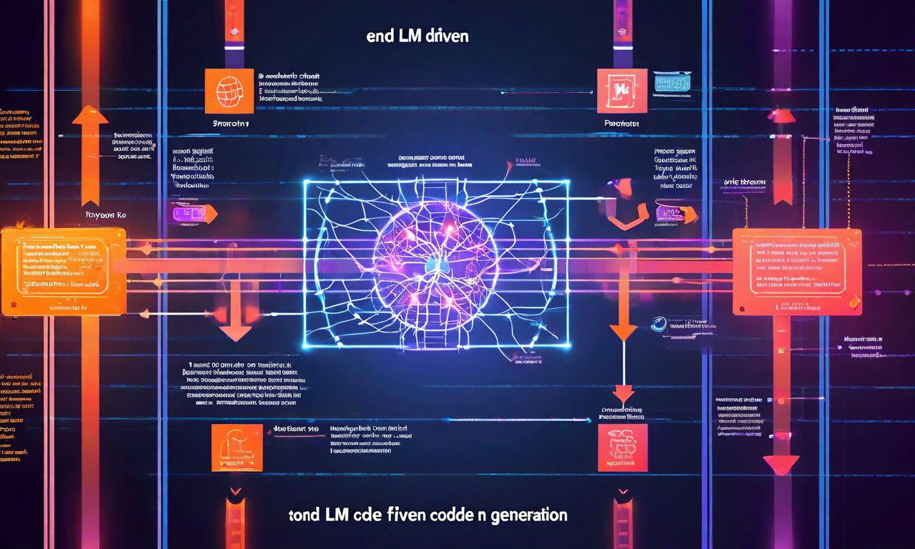 LLM駆動コード生成システムの全体フロー図。左から右へ流れる入力プロンプト、中央のLLM処理ノード、右側の出力検証ステップを示す。ボトルネック箇所は赤とオレンジで強調表示。フィードバックループが入力段階に戻る循環構造を表現。
