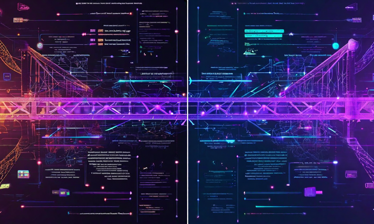 LLMとプログラミング言語設計の対比を示す分割画面ビジュアル。左側は従来の人間中心設計言語を表現し、右側はLLM最適化言語設計を表現。中央にはトランスフォーマーアーキテクチャのトークン予測プロセスと神経ネットワークパターンが統合されており、両者の設計ギャップと相互作用を視覚化している。