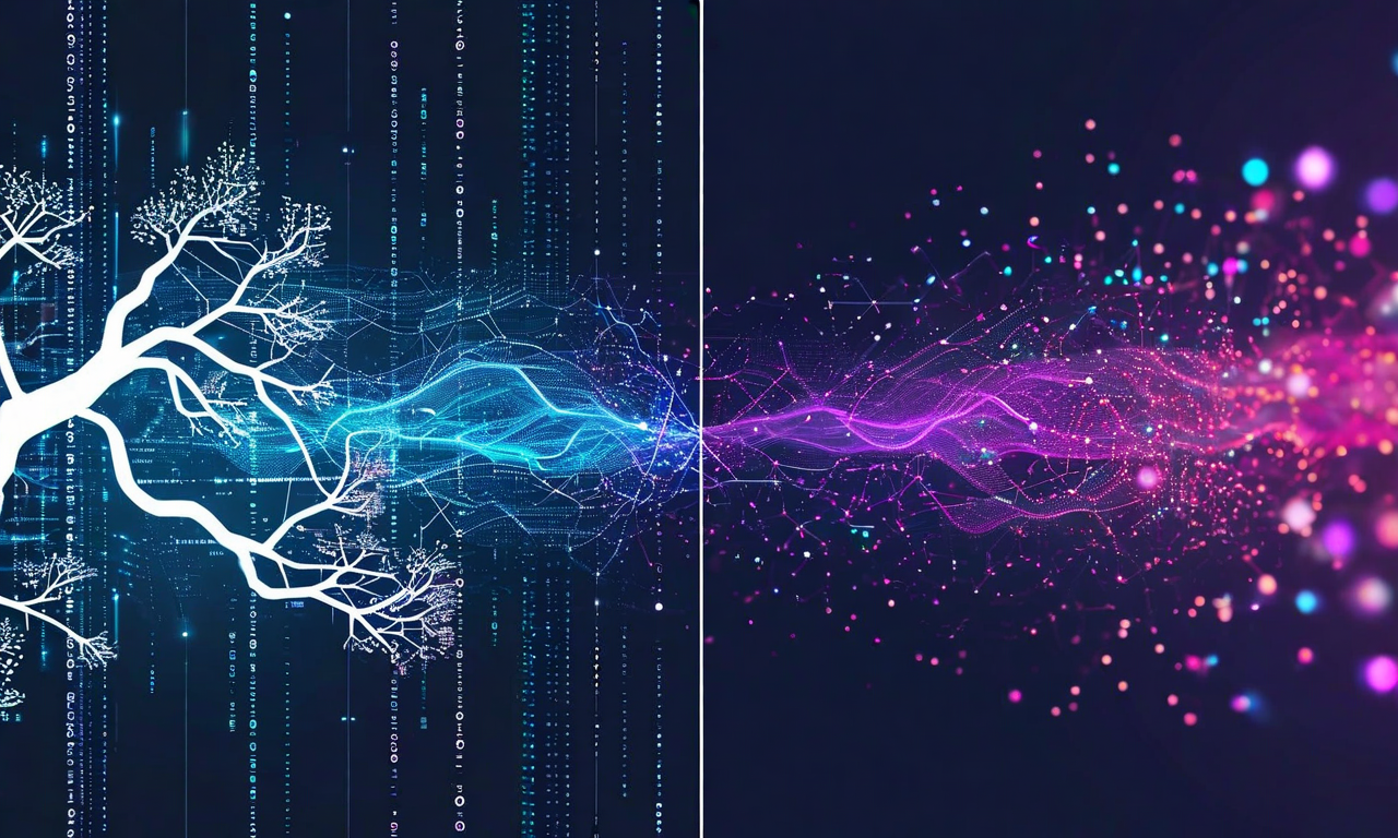 Split visualization contrasting structured syntax tree diagrams on the left with flowing probability distribution waves on the right, representing the difference between human code writing and AI language model token prediction