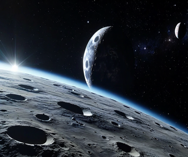 A modern spacecraft approaching the Moon in deep space with Earth visible in the distant background, illustrating NASA's return to crewed lunar missions after five decades