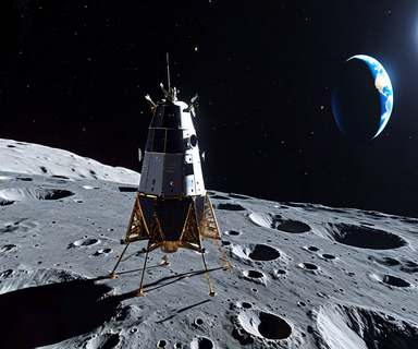 NASA's Orion spacecraft traveling in deep space with the Moon's surface in the foreground and Earth visible as a small blue sphere in the distant background, illustrating the record-breaking distance achieved during the Artemis mission