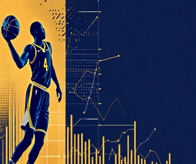 Split composition showing a basketball player silhouette transitioning into abstract financial market visualization with graphs and data points, representing the intersection of professional sports and prediction market investment