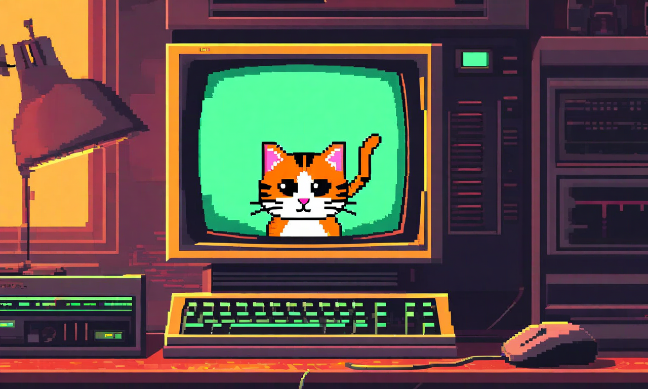 1980年代のレトロなデスクトップ環境を表示するCRTモニター画面。ピクセルアート風の猫のスプライトアニメーションがマウスカーソルを追従している。画面には緑色または琥珀色のモノクロ表示、8ビット風の猫キャラクターが複数のアニメーションフレームで画面上のカーソルを追いかけている様子が描かれている。当時のグラフィカルユーザーインターフェースの要素が含まれている。