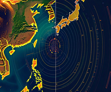 Technical illustration showing radar tracking display with missile trajectory arc and maritime boundary zones, representing ballistic missile detection and monitoring systems over the Sea of Japan