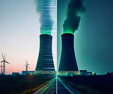Split composition showing a nuclear reactor cooling tower and regulatory documentation connected by glowing lines, representing the NRC's first commercial reactor construction approval in a decade