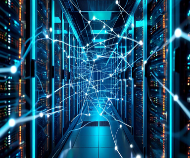 Interconnected data centers linked by glowing neural network patterns and fiber optic connections, with abstract computer chips and flowing streams of light representing AI compute resources and infrastructure