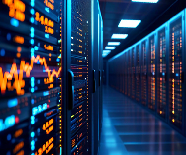 Split composition showing modern data center infrastructure with server racks alongside financial market charts, representing the intersection of technology infrastructure assets and capital markets valuation