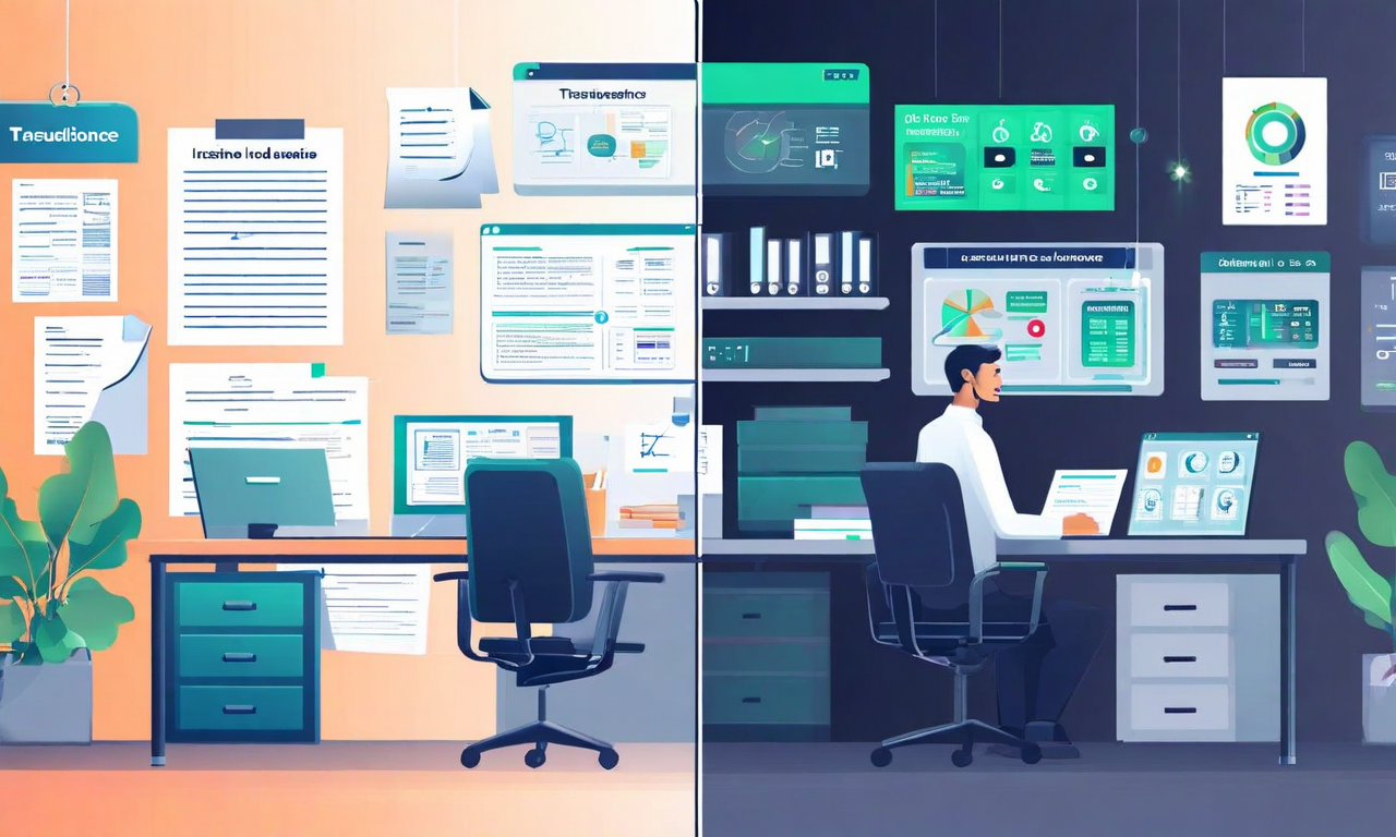 従来型アナログ保険流通とデジタル保険テクノロジーの対比を示すイラスト。左側は紙ベースの申請書、ファイリングキャビネット、対面営業、複雑な手続きを灰色調で表現。右側は自動化されたUI、ワンクリック申請ボタン、効率的なデジタルワークフロー、データ処理を鮮やかな青と緑で表現。市場機会と業界変革の本質を視覚化。