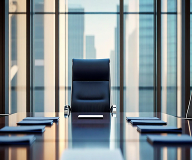 An empty executive chair at a modern conference table with three portfolios representing distributed leadership responsibilities, symbolizing OpenAI's executive transition and organizational restructuring