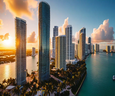 Aerial view of Miami's downtown skyline and waterfront properties at sunset, showing the intersection of corporate towers and luxury residential areas along Biscayne Bay