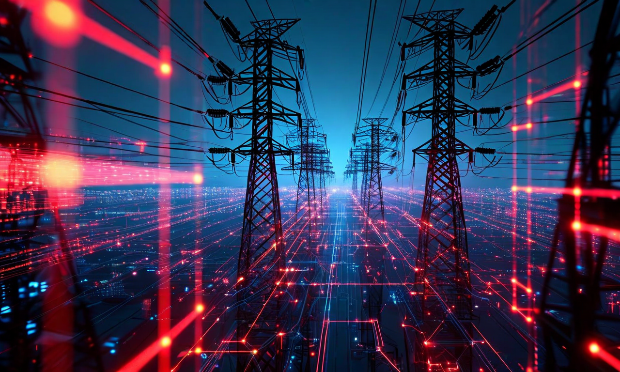 ポーランドのエネルギーグリッドへのサイバー攻撃を表現した暗いデジタルビジュアル。破壊される電力網、消去されるデータ、赤と青のネオンカラーで警告を示す未来的なイメージ。電気インフラとデジタル脅威が融合した緊迫感のある構成。