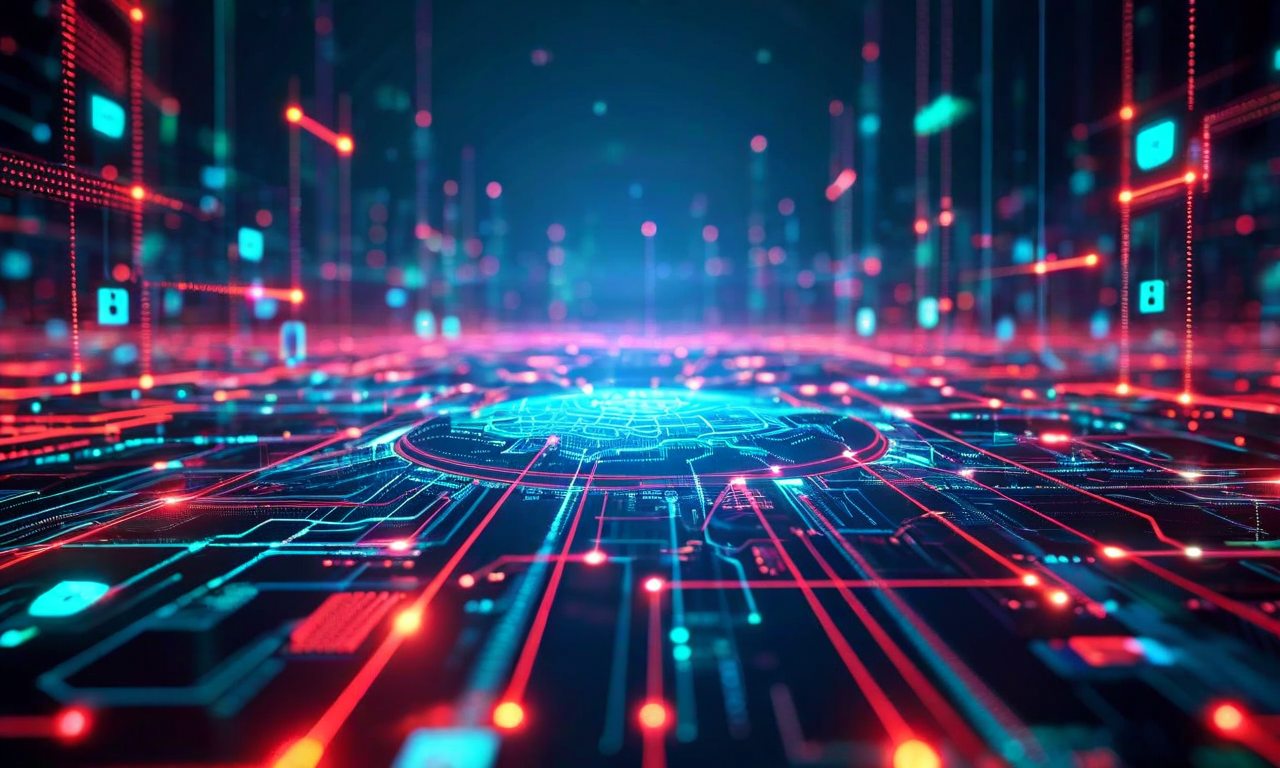 将来のサイバー脅威ランドスケープを表現したデジタルビジュアル。AI駆動型攻撃、拡大するIoT/OT環境、地政学的緊張、重要インフラへの標的化、進化する防御技術が層状に表現されており、ネオン色の接続線と防御シールドで示されている。