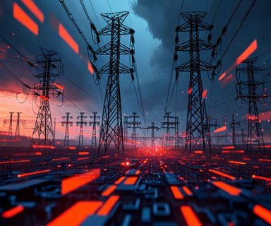 Digital illustration of an electrical power grid with transmission towers under dark storm clouds, with red glowing fragmented data particles dissolving in the foreground, representing wiper malware attacking Poland's energy infrastructure