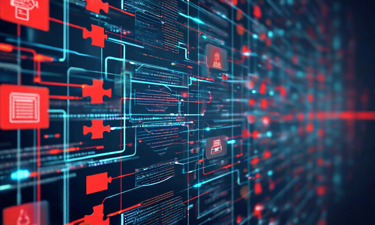 複数の法執行機関のシステムが標準化されたレポーティングスキーマの欠如により断片化している状況を表現した抽象的なビジュアル。異なるデータベース、互換性のないデータ形式、統合されていない情報フロー、そして接続されていない通信ラインが描かれており、各システムが独立して機能していることを示している。