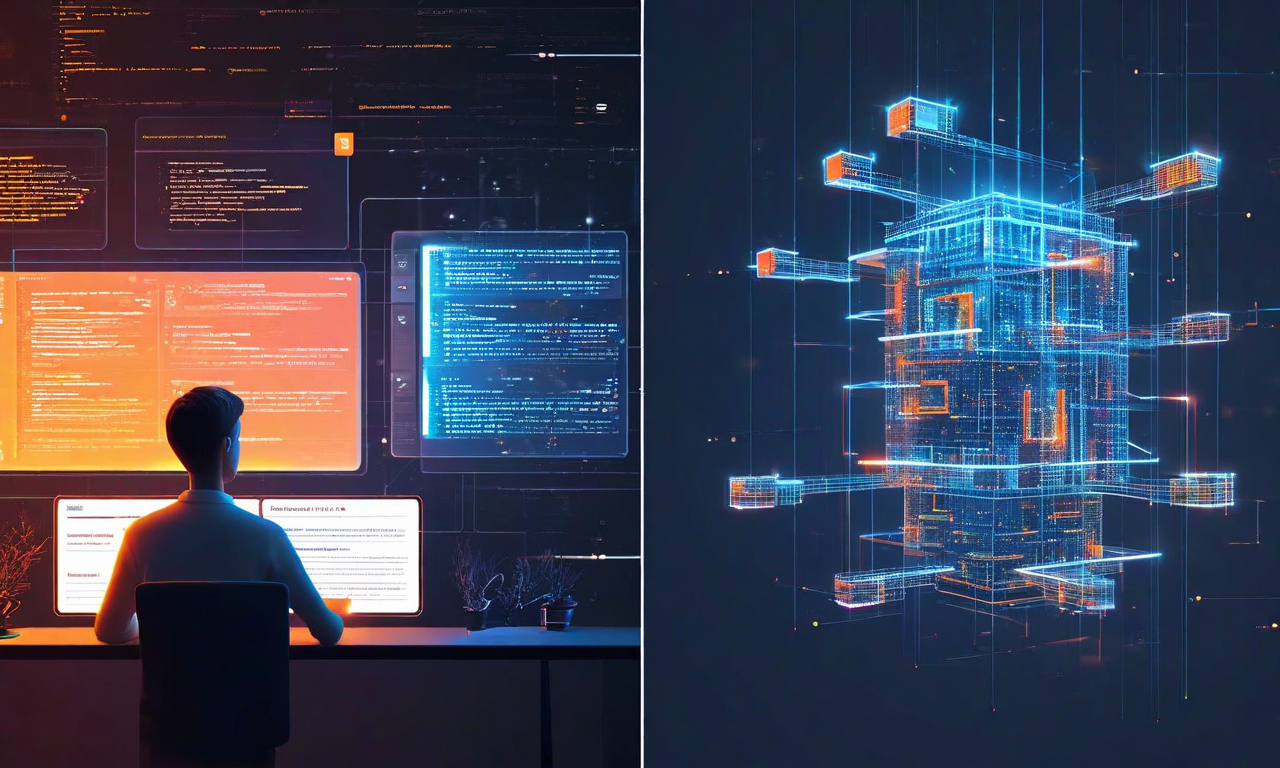 Split-screen illustration contrasting passive tutorial consumption on the left with active project building on the right, where a programmer constructs a glowing architectural structure from code blocks while choosing between multiple solution pathways
