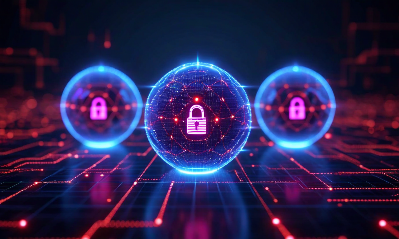 実行トレース収集システムに対する3つのリスク要因の相互作用を示す抽象的な技術ビジュアライゼーション。プライバシー（青色の球体）、敵対的トレース（赤色の球体）、システム複雑性（紫色の球体）が重なり合い、中央の収束点で脅威が統合される様子を表現。デジタルデータストリームが球体間を流れ、各要因の相互影響を示している。