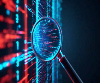 Digital visualization of execution traces shown as flowing blue code streams with a magnifying glass revealing red malicious patterns, representing forensic analysis of program behavior
