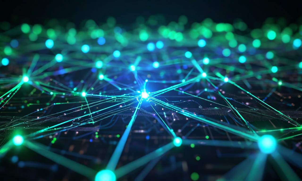 分散システムにおけるマルチエージェント協調学習の概念図。複数のエージェントノードが表示され、高品質なエージェント（青と緑で発光）は強い光の経路で相互に接続されている。低品質なエージェント（灰色で暗い）は除外または弱く接続されている。中央のハブから高品質エージェント間のデータフローと協力が示されている。