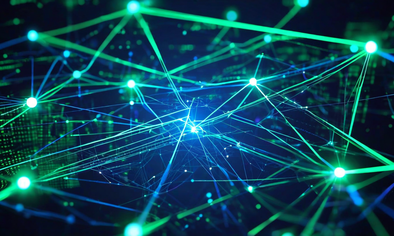 分散マルチエージェントシステムの未来像を表現した概念図。複数の自律的なエージェントノードが相互に接続され、エラー情報に基づくフィードバックループを通じて協力するメカニズムを示している。青と緑の光の流れがデータ伝播を表現し、ノードが適応的に学習・再編成される様子が視覚化されている。スケーラブルで効率的なシステムアーキテクチャの概念を表現。