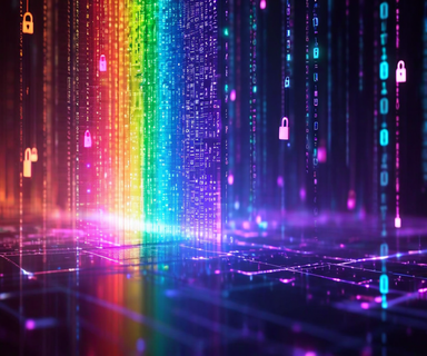 A cybersecurity visualization depicting rainbow-colored data tables with flowing hash codes and breaking padlocks, representing the vulnerability of Net-NTLMv1 authentication protocols to rainbow table attacks
