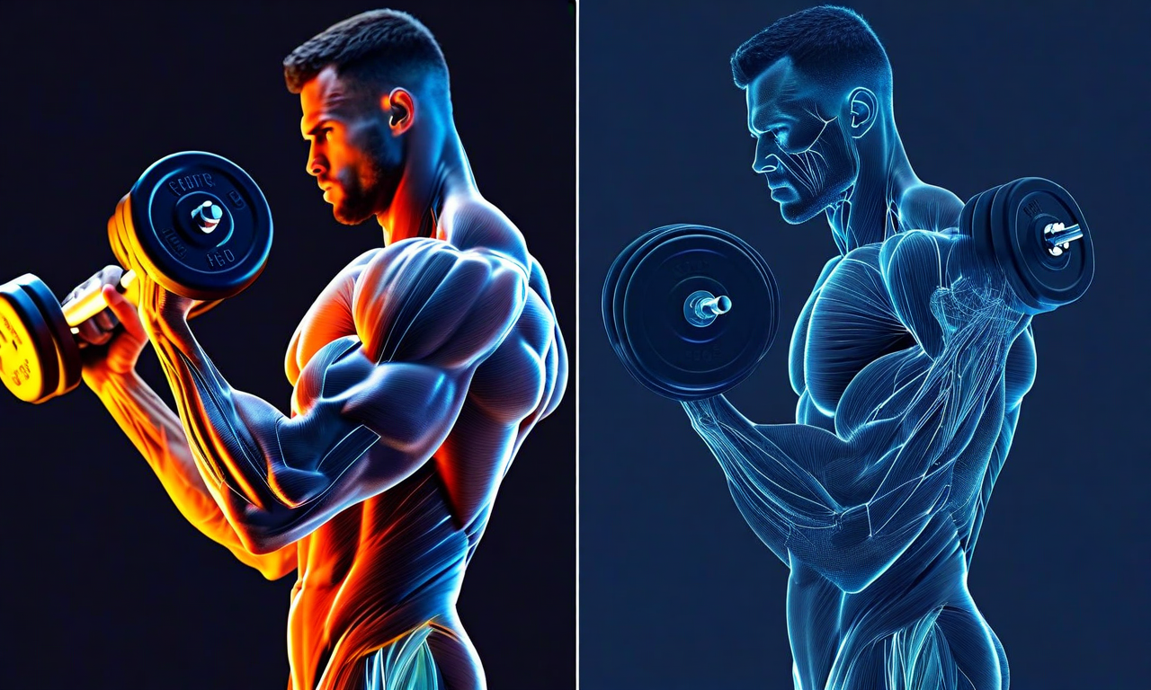 Split-screen image comparing two athletes performing bicep curls with different weight loads but similar muscle engagement, with scientific visualization of muscle fiber tension overlaid on both figures against a blue gradient background