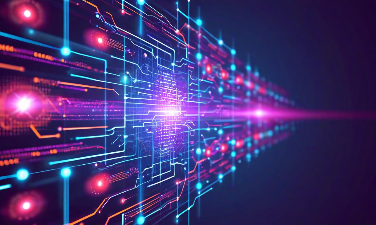 AI導入に伴う4つのリスク領域(技術的、組織的、規制的、倫理的)が組織の中心に向かって収束する様子を示す抽象的な可視化。各リスク領域は異なるビジュアル要素で表現され、矢印と勾配線で相互作用を表現。リスク緩和戦略を示唆する保護要素と戦略的ノードが含まれている。