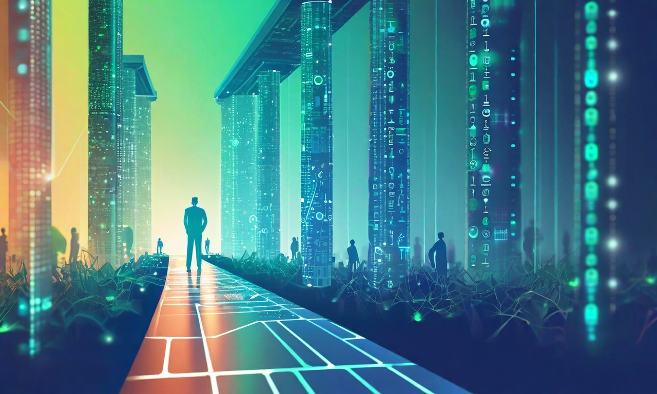 組織的なAI移行の全体像を表現したビジュアル。左側に現在状態(人材、プロセス、技術、文化の4要素が分離した状態)、右側に目標状態(4要素が統合的に機能する状態)を示す。中央に移行を象徴する橋またはパスウェイがあり、青灰色から活気のある緑青色へのグラデーション色が使用されている。上向きの勢いと相互接続された要素が、前向きで実現可能な変化を表現している。