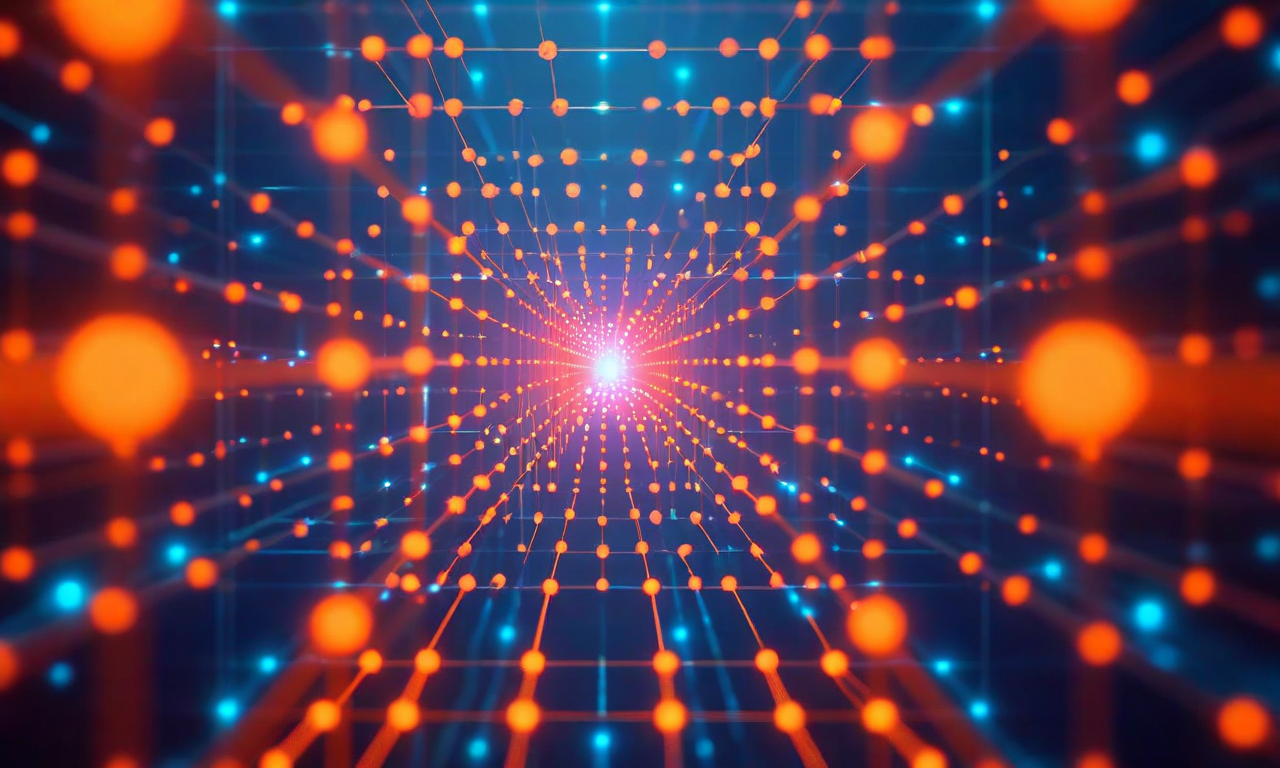 Transformer注意機構の二次計算複雑性を表現した抽象的な可視化。複数のトークン位置を表すノードが格子状に配置され、すべてのノード間を接続する発光線が密集した行列パターンを形成している。計算負荷の増加を示すため、色が青から橙、赤へとグラデーション変化し、中央に向かって明るさが増している。複数の注意ヘッドを示唆する層状の幾何学模様が半透明で重ねられている。