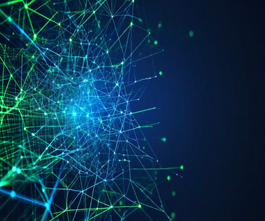 Split visualization comparing complex tangled network of blue connections representing quadratic computational complexity against streamlined parallel green lines representing efficient linear processing, with flowing data particles on dark technical background