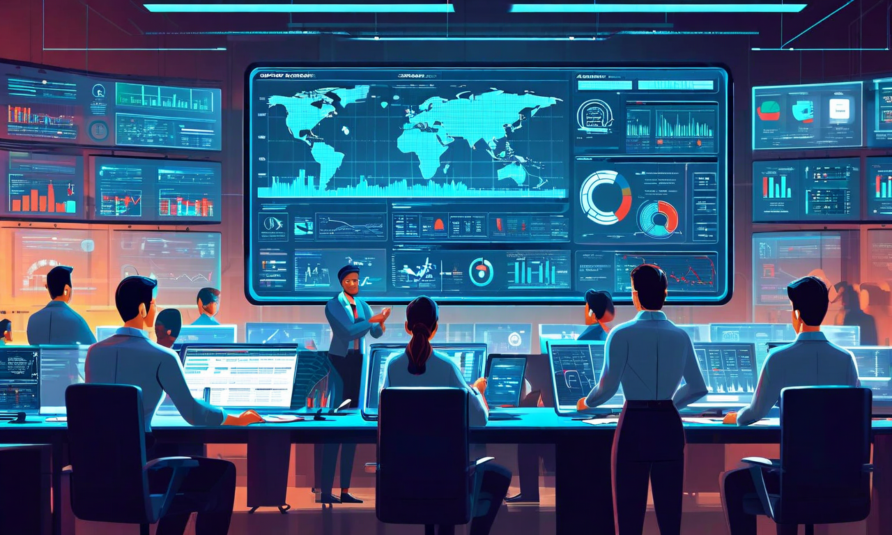 運用チームの日常業務シナリオを示す専門的なイラスト。セキュリティ監視ダッシュボード、インシデント対応チームの協働、ポリシー更新ドキュメントのレビュー、ステークホルダー報告プレゼンテーションなど、複数の並行業務が描かれている。モダンなテック環境で、複数のスクリーン、データ可視化、チームメンバーが協働する様子が表現されている。