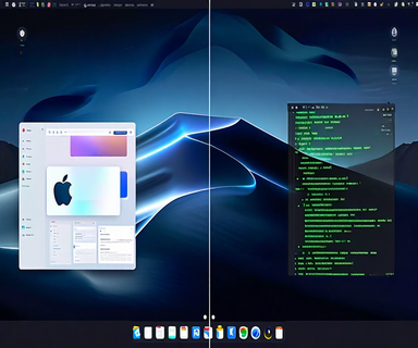 Split-screen illustration showing macOS interface elements on the left connected to Linux terminal environment on the right through a translucent data bridge layer, representing cross-platform compatibility
