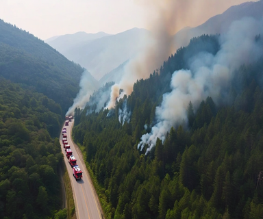 Aerial view of a mountainous forested area with smoke rising from vegetation, showing emergency vehicles on a narrow mountain road responding to a wildfire in challenging terrain
