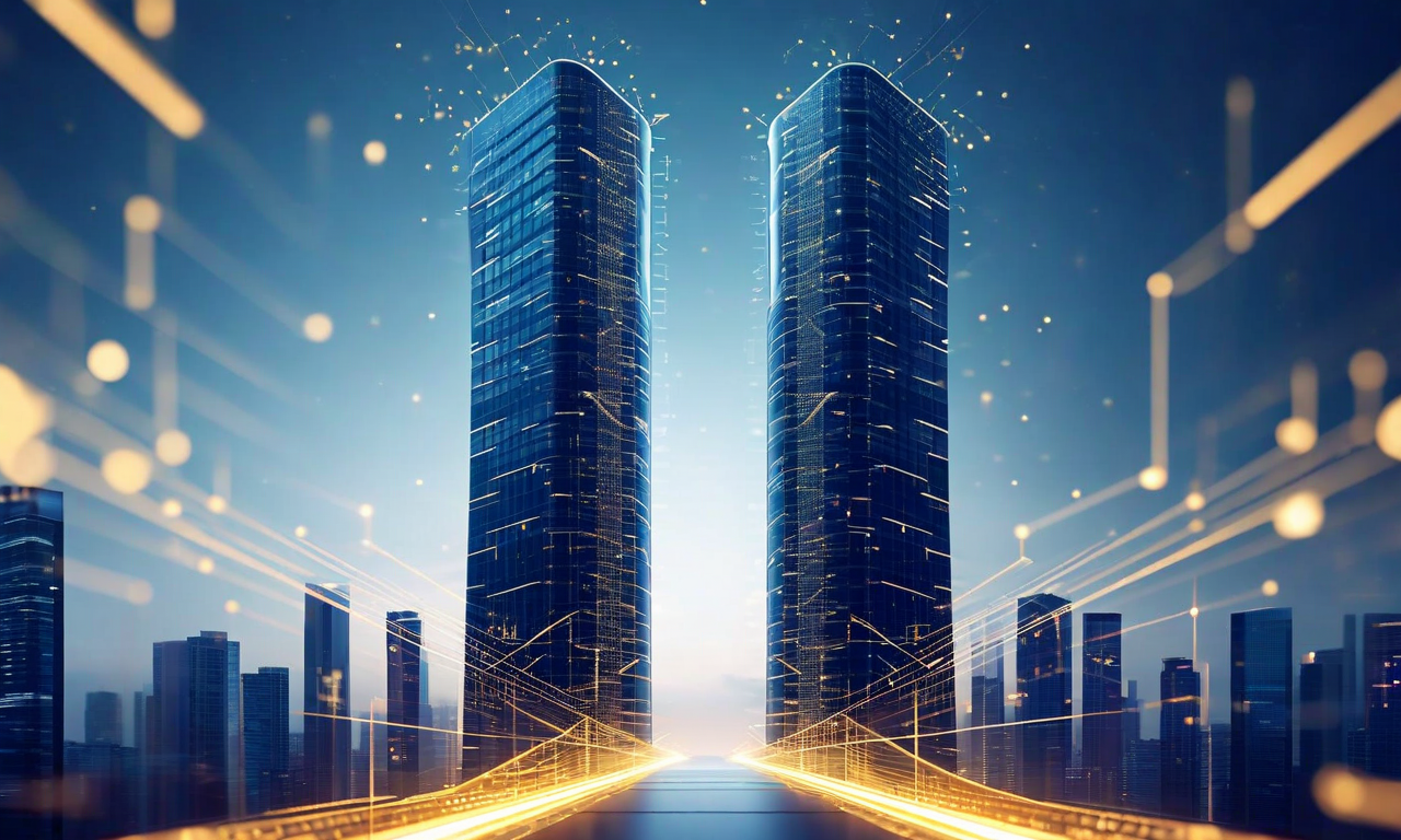Illustration of two modern corporate towers standing side by side with a connecting bridge between them, surrounded by abstract AI network patterns, symbolizing venture capital investment in competing artificial intelligence companies