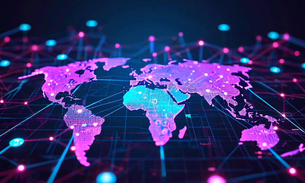 Local-First アーキテクチャの未来を表現した図。世界中に分散した開発チームが、統一されたローカルファースト基盤を通じて協働している様子を示す。グローイングするデジタルネットワークで接続された複数の開発者、AI駆動のコード分析を示すニューラルネットワークパターン、規制対応を示すチェックマークとセキュリティシールド、モダンなクラウドインフラストラクチャが統合されている。テック感のある配色（青、紫、シアン）と前向きで革新的な雰囲気が特徴。