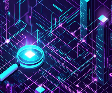 Isometric illustration of an abstract digital landscape with interconnected code structures illuminated by a glowing search beacon, representing the challenge of navigating and understanding large software codebases