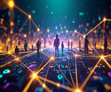 A three-dimensional network graph with interconnected nodes and edges, blending cinematic imagery with mathematical visualization, representing the computational structure of film narratives