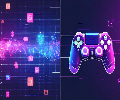 Split-screen illustration showing a grid of mini-game icons on the left transitioning into wireframe code elements on the right, representing AI-assisted game development and code generation