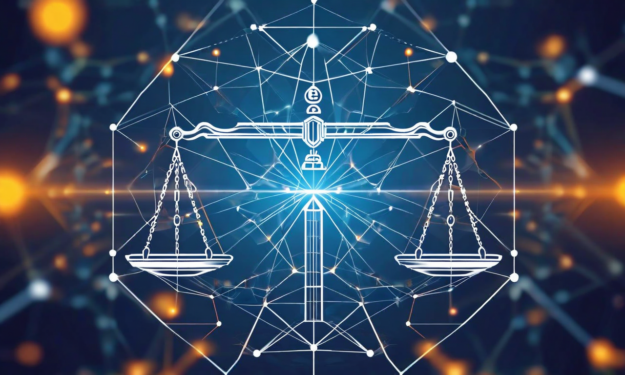 複雑な法的・倫理的ジレンマを表現した抽象的なコンセプトイメージ。バランスの取れた天秤が中央に配置され、一方の皿にはセキュリティ研究と防御的価値を表す要素が、もう一方には悪用リスクを表す要素が示されている。背景には国家主権と国際法の相互作用を示す相互接続されたノードやネットワーク構造が見られ、複雑な判断を必要とする状況の多面性を視覚化している。深い青、銀、琥珀色のプロフェッショナルな色合いが使用されている。