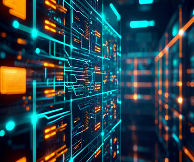 Digital illustration of modular malware architecture showing interconnected geometric components representing Stuxnet's propagation vectors and payload systems, with industrial control equipment silhouettes in the background
