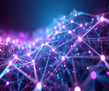 Abstract visualization of a neural network being compressed, showing interconnected nodes transforming from a dispersed structure into a compact, efficient geometric form with glowing pathways in blue and cyan tones