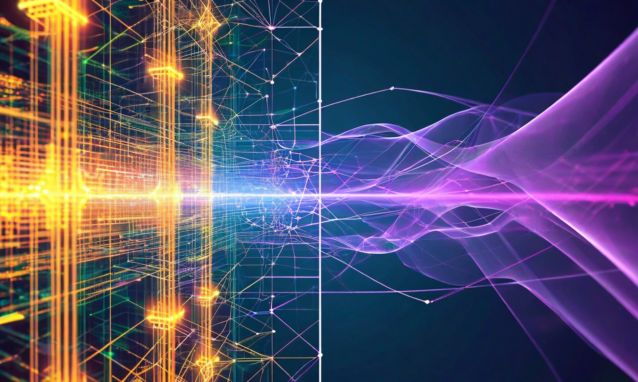 トランスフォーマー中心のアーキテクチャから物理的原理に基づいたSGFMアーキテクチャへの進化を表現した抽象的なビジュアル。左側は複雑に相互接続されたノードと層を示し、右側は効率的な幾何学的パターンとエネルギーの流れを表現。中央の遷移ゾーンに上昇する矢印があり、スケーラビリティと改善を象徴している。色は左側の冷たい青紫から右側の温かい金色と緑へグラデーション。計算効率性と理解可能性の向上を示唆する光の流れ。